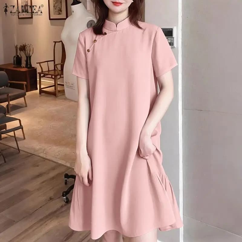 ZANZEA Abito Camicia Corto da Donna con Colletto Rialzato, Tinta Unita, Lunghezza al Ginocchio, Casual, Estivo 2026, per Ufficio