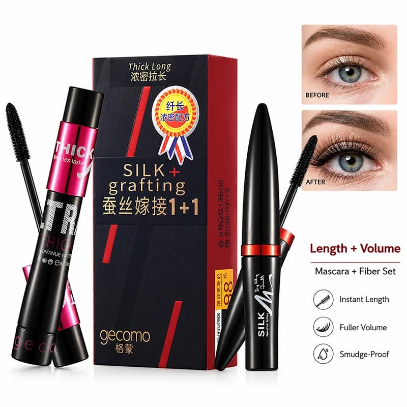 Set Mascara a 2 Fasi e Extension Ciglia in Fibra, Mascara Allungante Volumizzante Impermeabile e Incurvante, Trucco Occhi Anti-Sbavature