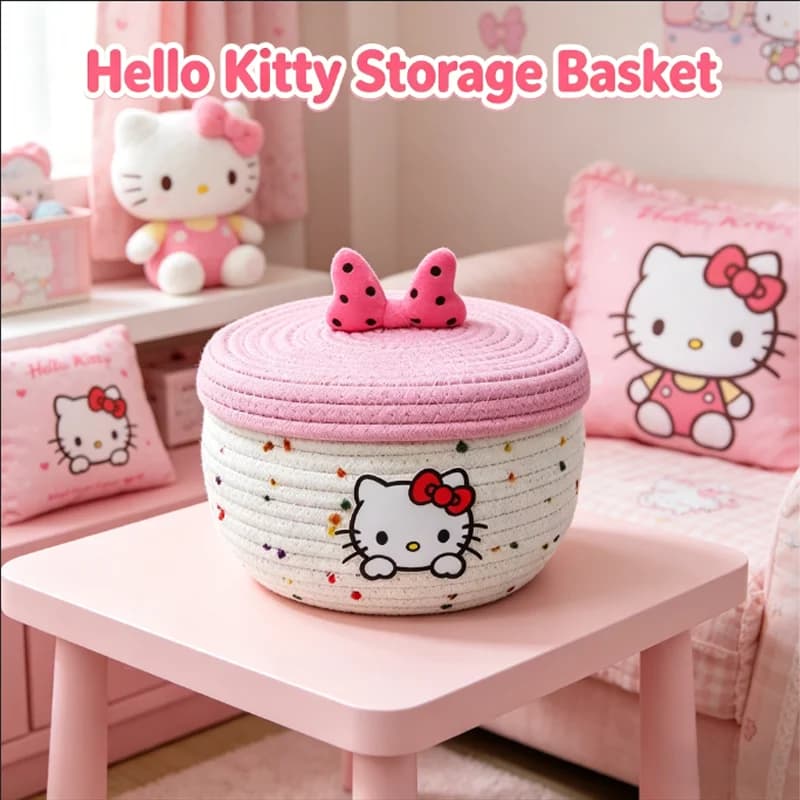 Cesto portaoggetti Hello Kitty intrecciato a mano, organizer da scrivania per giocattoli per bambini, contenitore per articoli vari, cesto per biancheria, scatola portaoggetti
