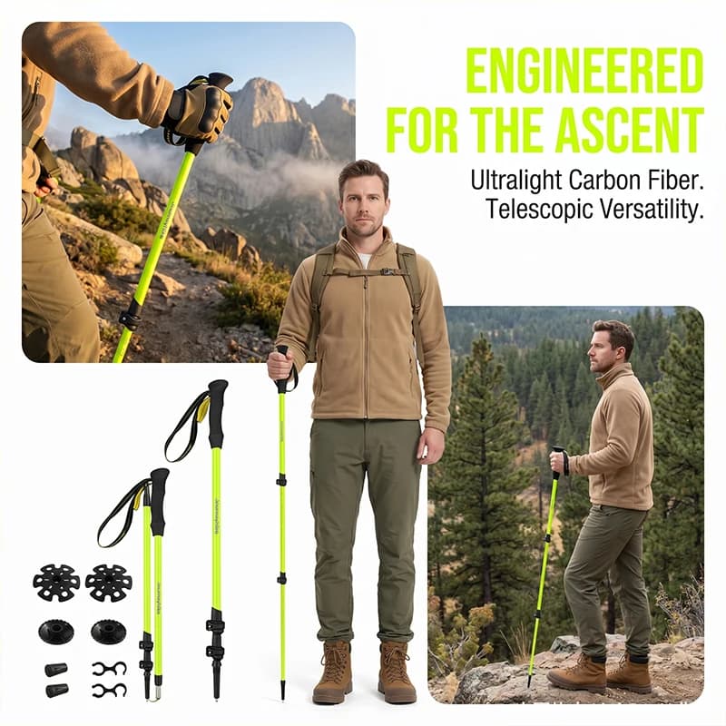 Fluorescent Green Carbon Fiber Trekking Poles Unisex Lightweight Adjustable - for Outdoor Hiking Camping Climbing