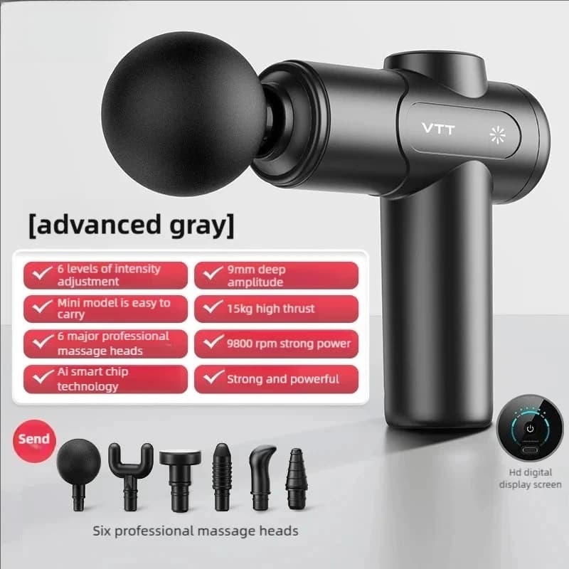 Portable Fascial Gun Electric Impact Mini Massager Deep Tissue Massage LED Touch Screen 6 Interchangeable Massage Heads