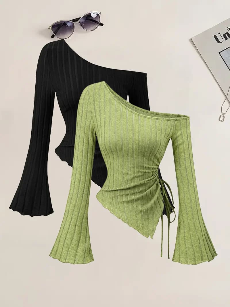 Fashion Women Off-shoulder Long Sleeve Sexy Slim T-Shirt Outdoor Casual Versatile Pullover Top Black Apple Green Two-Piece Set