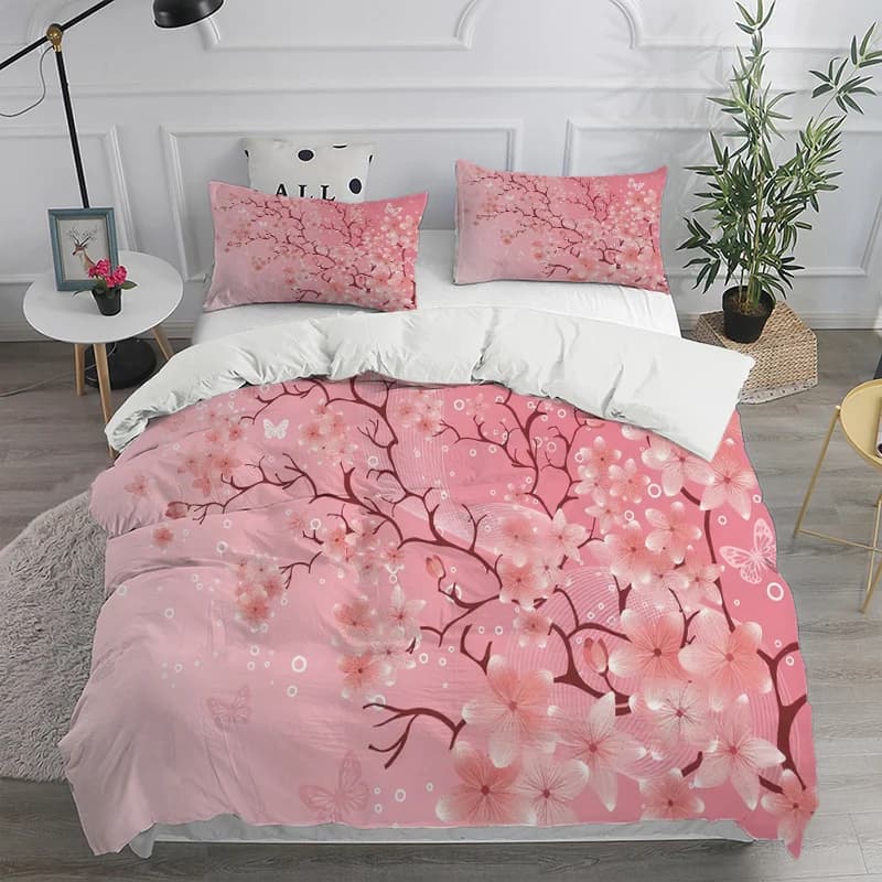 Copripiumino stampato in 3D con motivo floreale di pesco rosa con bellissimo set di biancheria da letto in stile, federa copripiumino morbida e confortevole