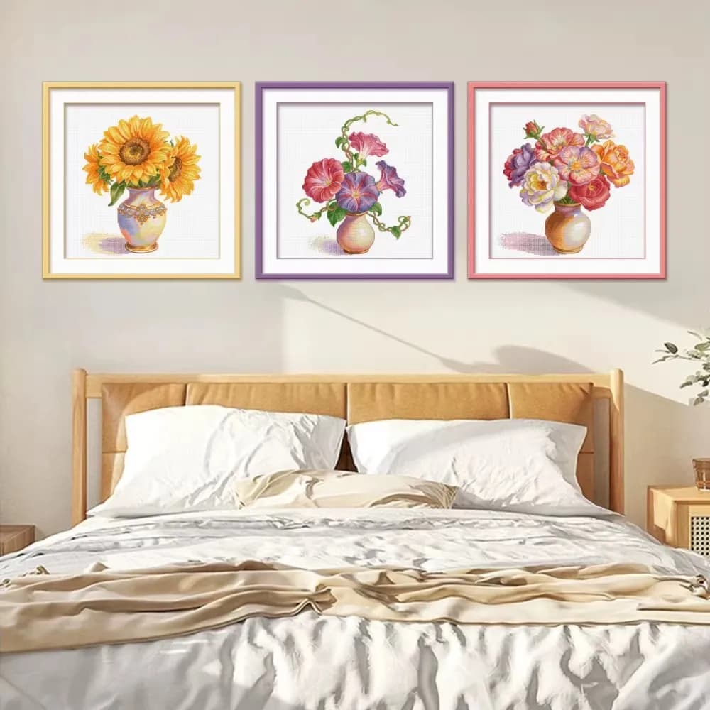 KS 11CT 53x52cm Flowers Vase Pre-Printed Cross Stitch DIY Embroidery Set Handicraft Floss Needle Crafts