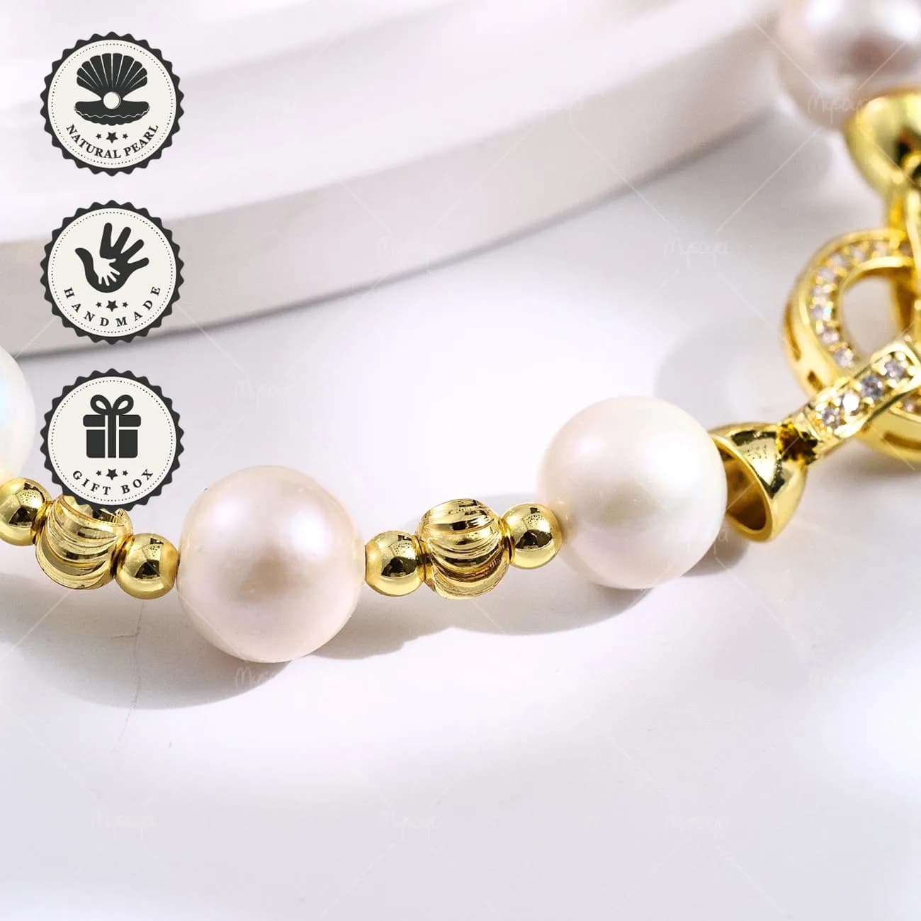 Mysoya Bracelet with 10-12 mm White Edison Freshwater Pearls with Round Closure in Golden CZ, Gift Box, Luxury Valentine's Day Gift for Her