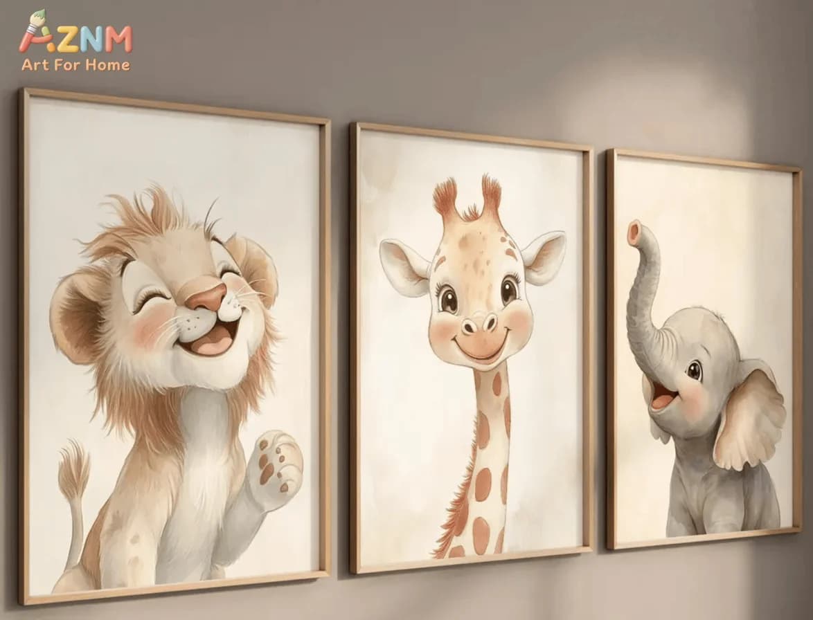 [2D Flat]1/3Pcs Canvas Poster(No Frame!!!), Watercolor Safari Animal Nursery Wall Art Set, Cute Smiling Lion Giraffe and Elephan
