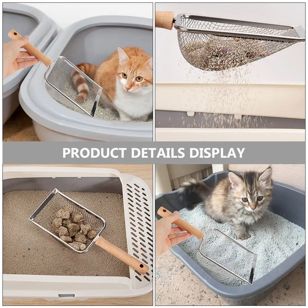 Paletta per Lettiera in Acciaio Inox e Legno per Gatti e Rettili, Facile da Pulire, Setaccio per Sabbia Agglomerante, Strumento per Rimozione Escrementi Animali