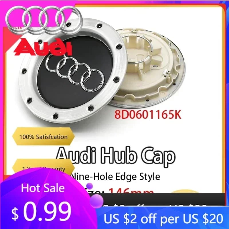Coprimozzo per Audi, Set da 4 Pezzi, 146mm 8D0601165K, Copertura Centrale Ruota con 4 Anelli Logo Audi per A4 A5 A6 A7 Q3 Q5 A3 S5 RS3