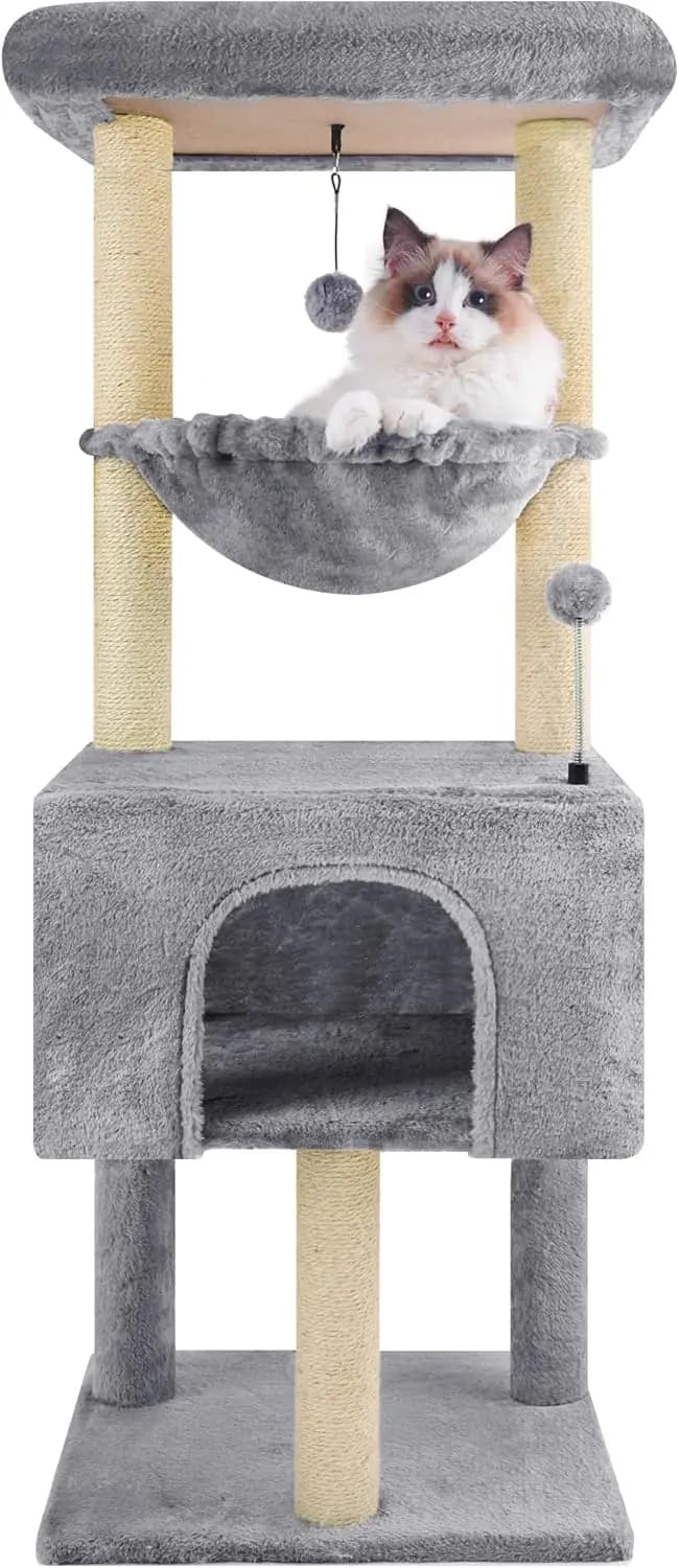 Elegante Albero per Gatti da 13,2 m con Molteplici Nascondigli e Tiragraffi, Design Moderno Grigio per Gatti da Interno