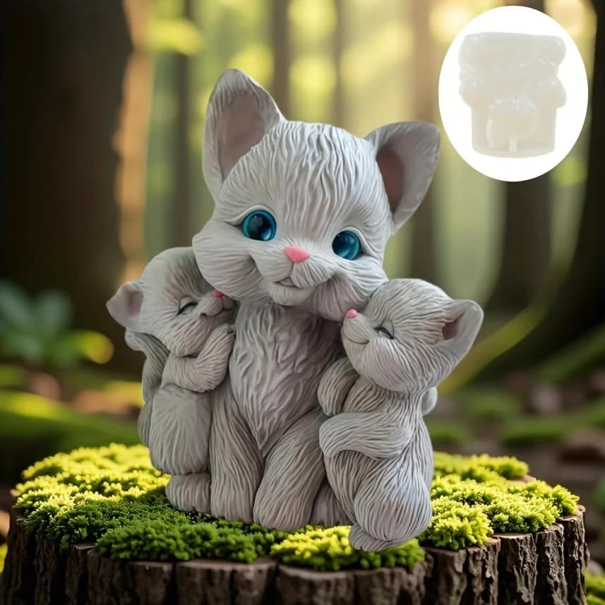 Stampo in Silicone per Candele a Forma di Famiglia di Gatti, Stampo in Resina per Gatto che Abbraccia un Gattino, Regalo per la Festa della Mamma, Stampo in Gesso per Gatto che Abbraccia