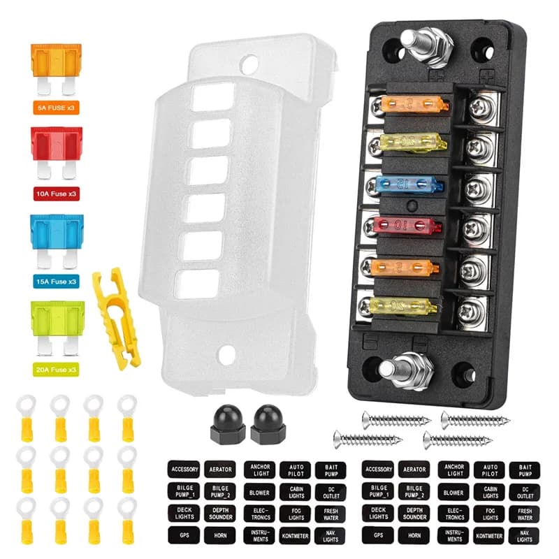 Portafusibili a lama ATC/ATO a 6 vie 12V - Scatola portafusibili per auto durevole con etichetta adesiva per barra secondaria negativa