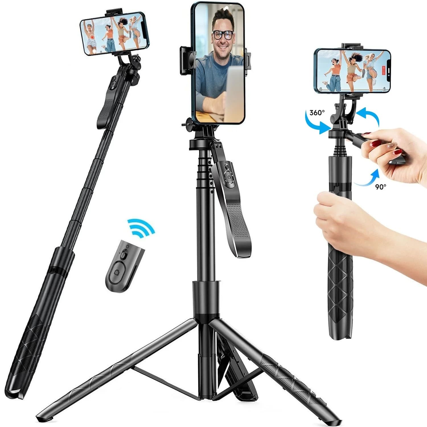 Tripod for selfie stick with remote control for camera Gopro for iPhone phone, 60" extendable mobile phone stand for Vlog video