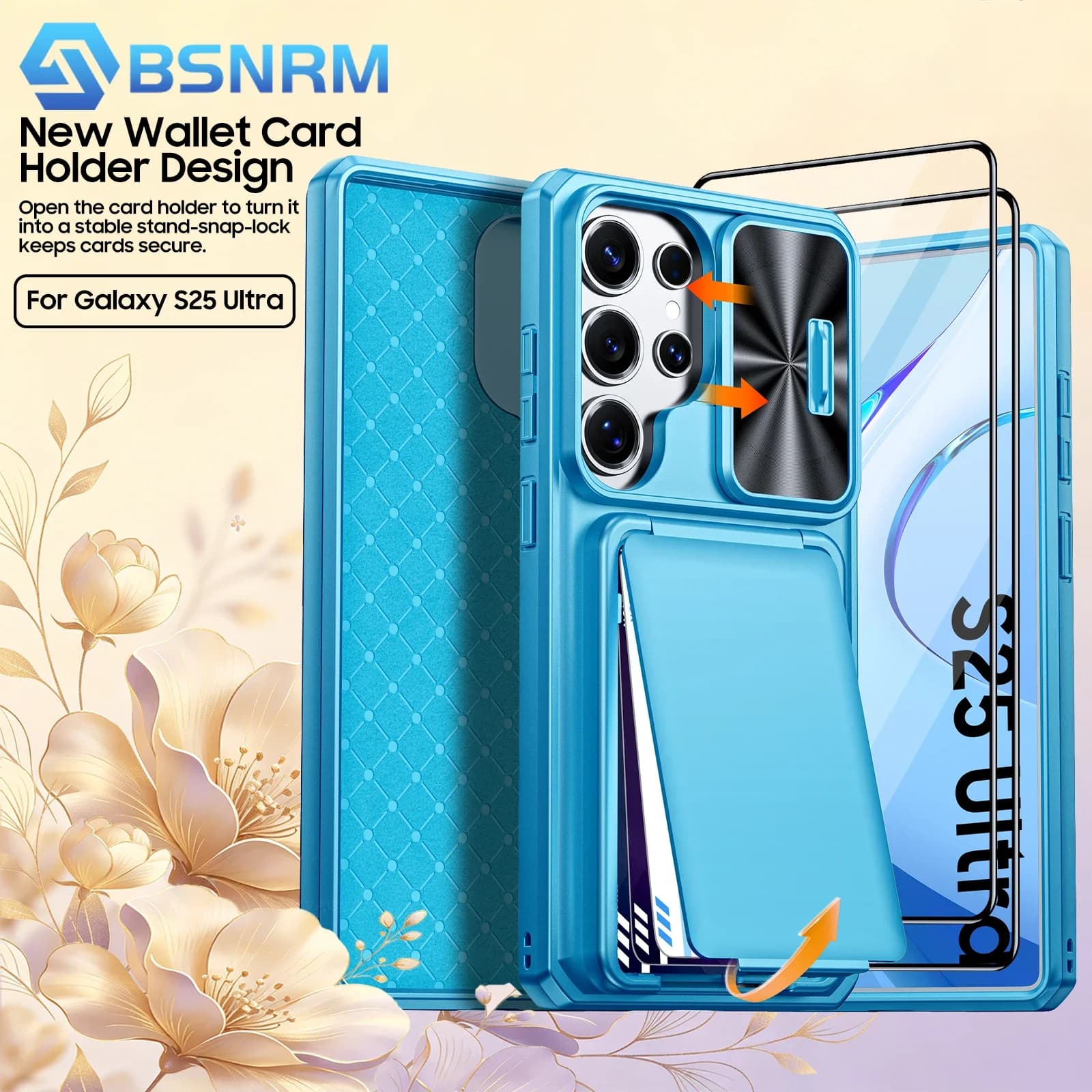 Custodia per Samsung Galaxy S25 Ultra con porta carte (blocco RFID), copriobiettivo fotocamera, cavalletto, custodia robusta - Blu cielo