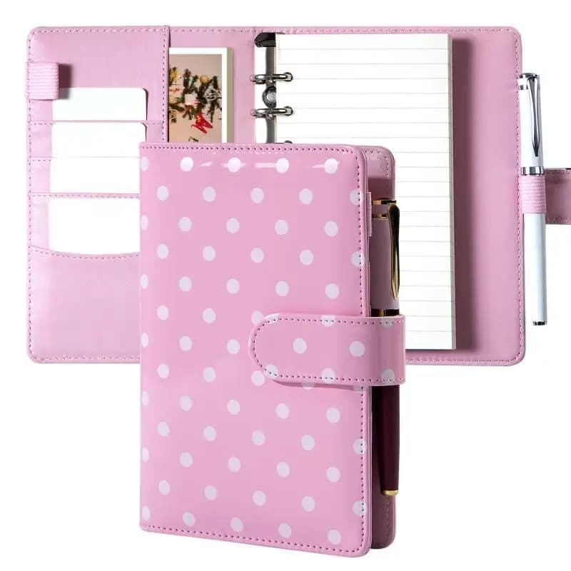 A6 Polka Dot PU Leather Snap Closure Loose Leaf Budget Binder Cover Journal Planner Organizer With 45 Sheets Inner Paper