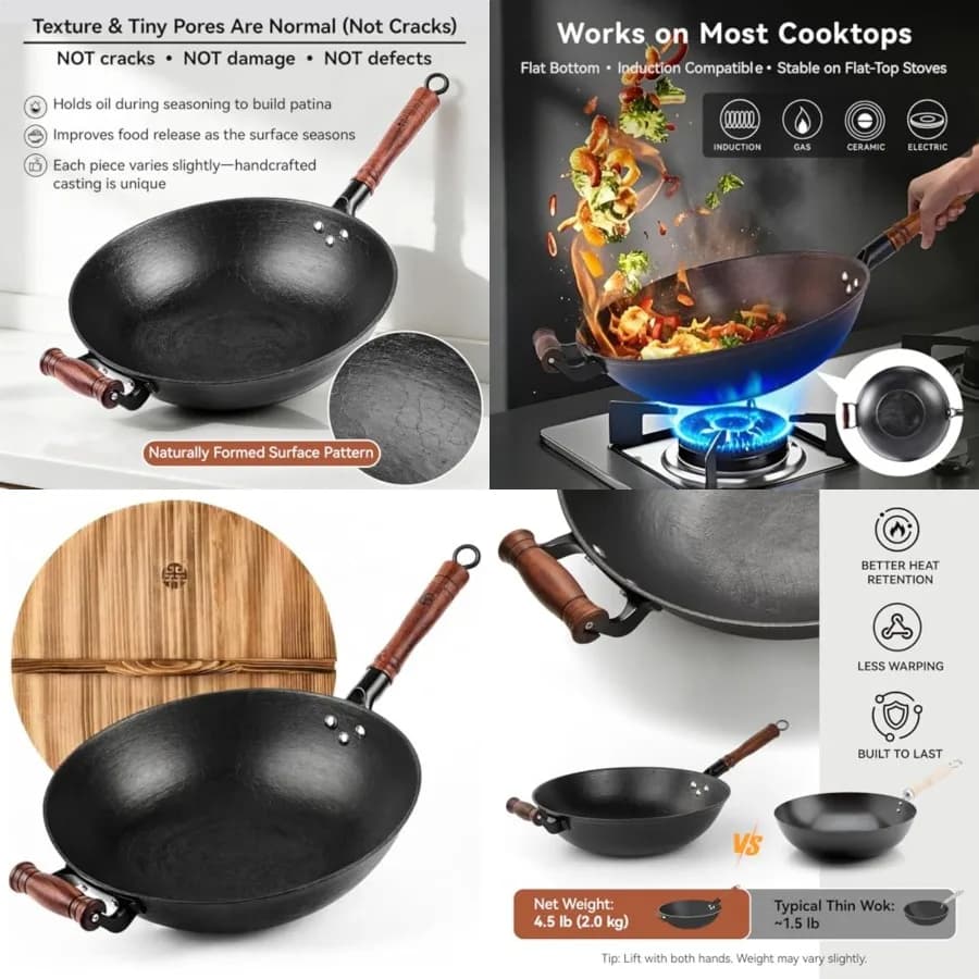 Padella Wok in Ghisa 13.4 ch, Wok per Saltare in Padella con Fondo Piatto e Coperchio con Manico in Legno, Padella Wok Grande Non Rivestita Testurizzata per Cottura a Induzione