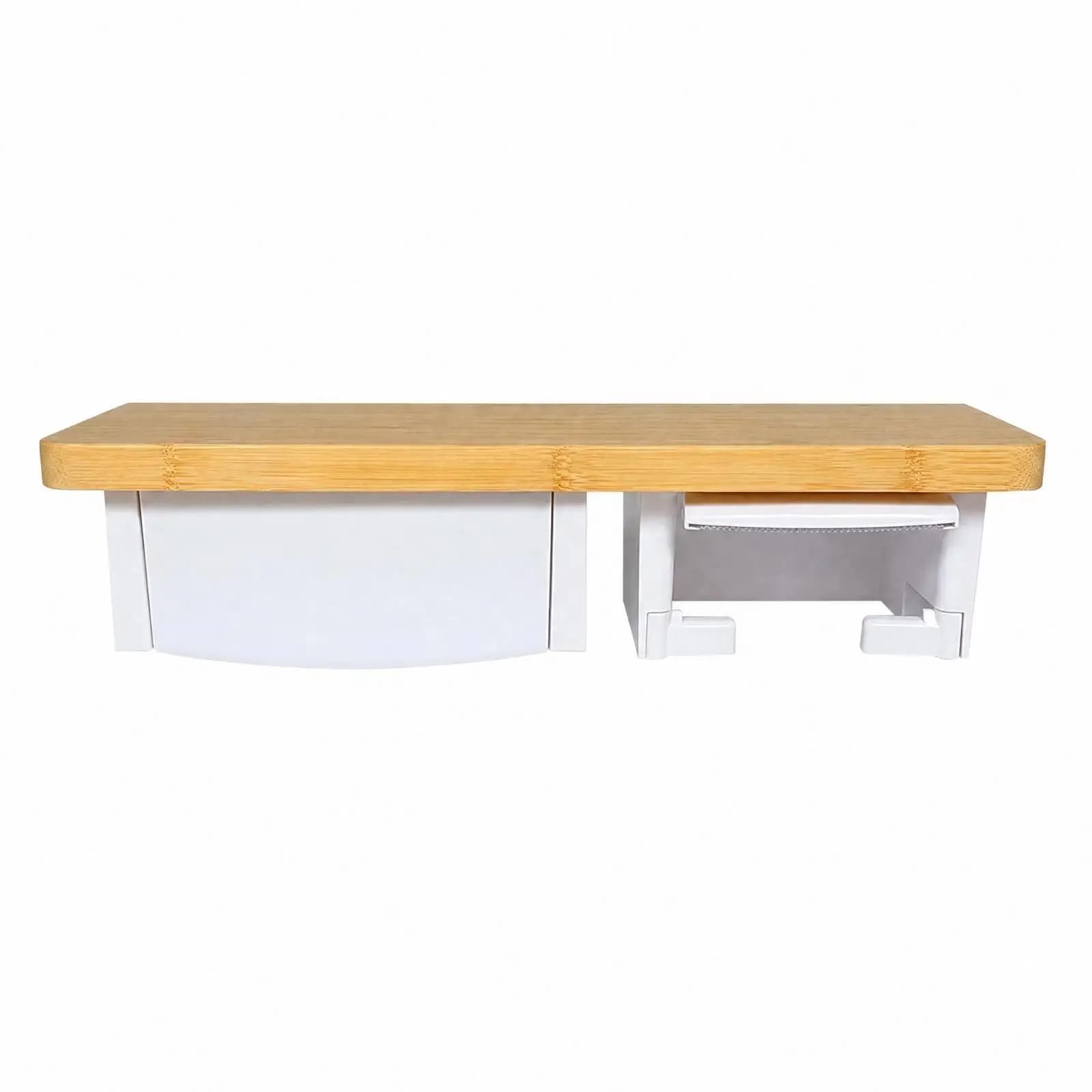 Washroom Organizer Rounded Corners Wooden Wall-Mounted Tissue and Toilet Paper Holder with Bamboo Shelf for Small Bathrooms