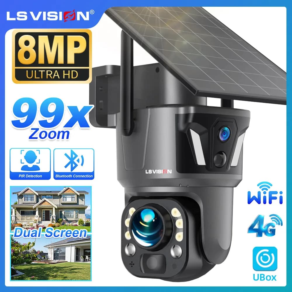LS VISION Solar Camera with Zoom Optical 99X, Double Screen, 4K, 4G/WiFi, PTZ, Dual PIR Detection, Automatic AI Tracking for Exterior