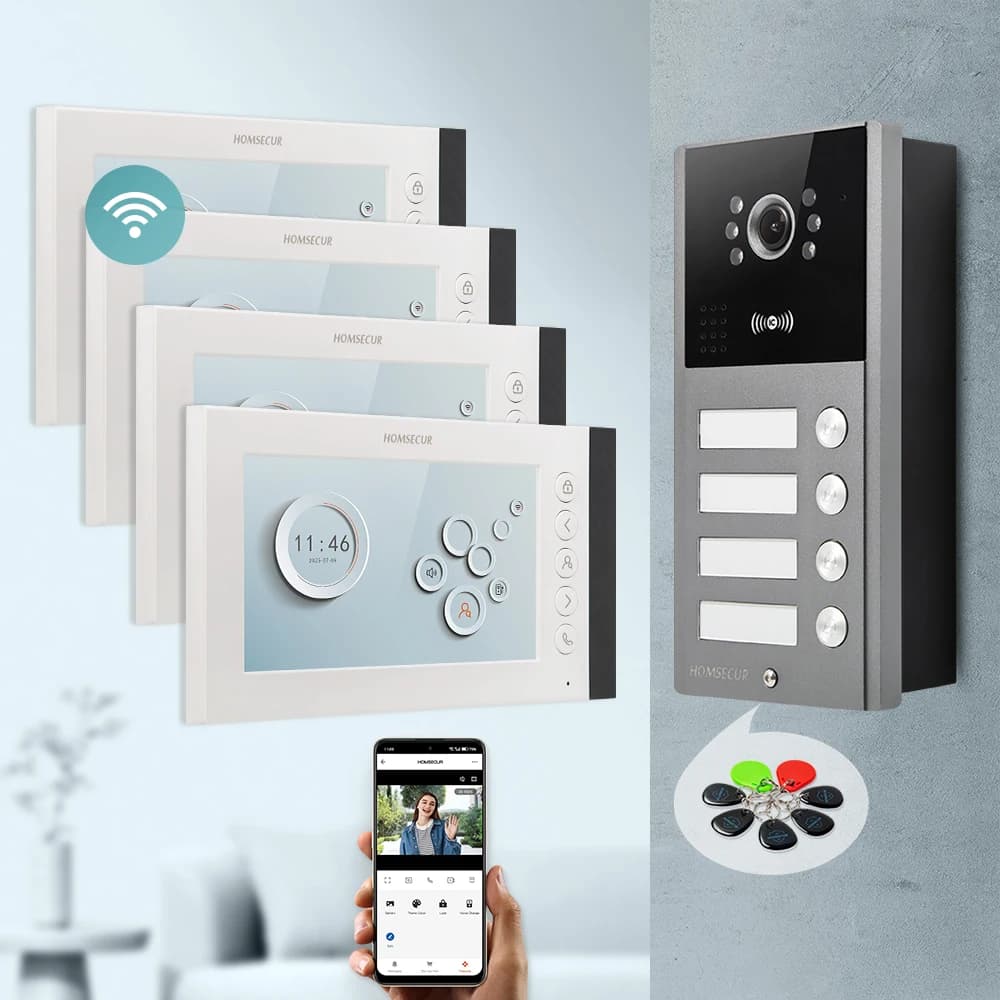HOMSECUR Videocitofono WIFI a 4 fili da 7 pollici con chiamata e app Tuya per 4 famiglie