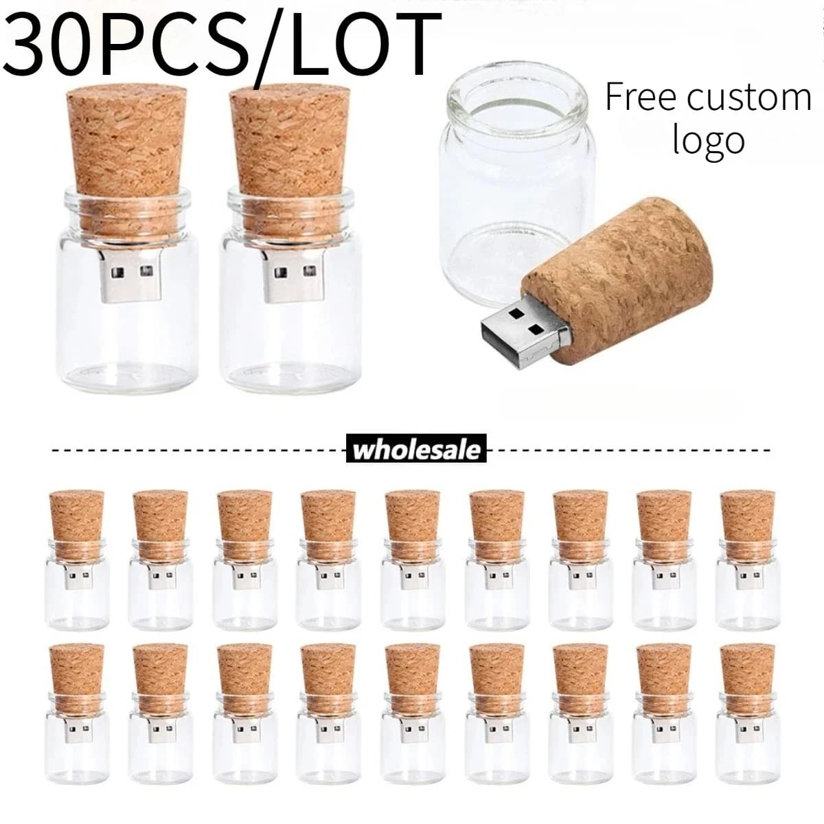 30 pz Nuovo Arrivo Chiavetta USB 2.0 a Forma di Bottiglia Messaggero, Chiavetta USB in Vetro a Forma di Bottiglia con Tappo in Legno, Pendrive 16GB 32GB 64GB