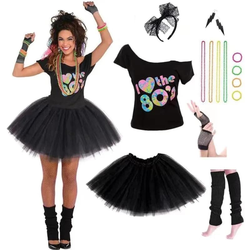Women's 80s Costumes with Accessories Set Tutu Skirt Earrings Necklace Bracelets Fishnet Gloves Legwarmers Headband 80s Party