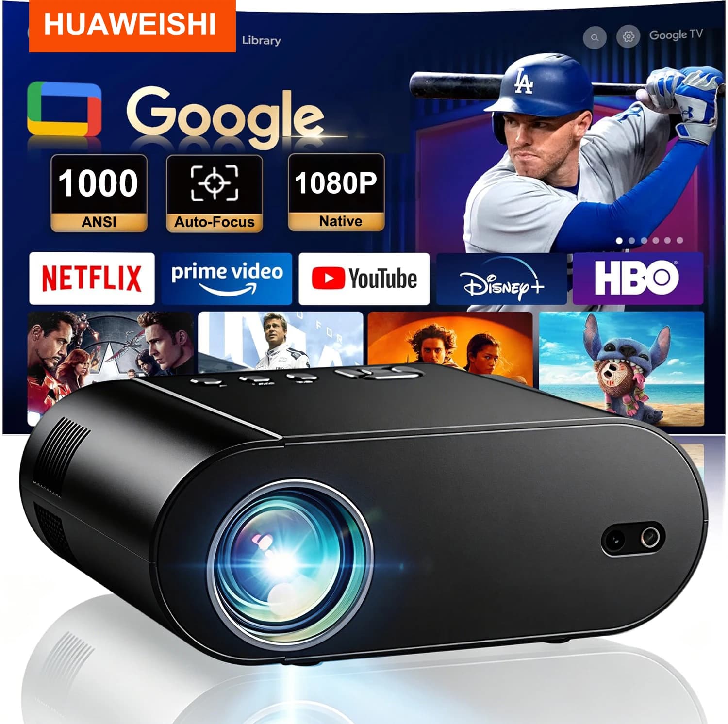 2025 Huaweishi L007 4K 1000ANSI Native 1080P Projector Auto Focus Keystone Correction BT5.2 Android 11 WIFI6 Home Cinema