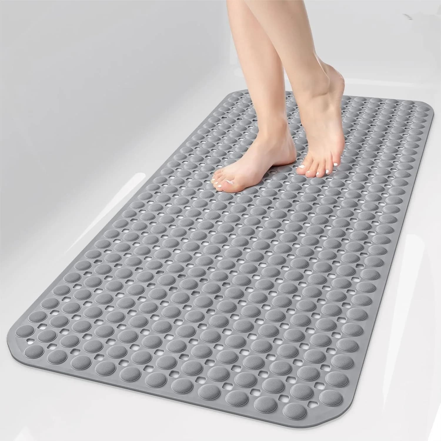 Non Slip Bathtub Mat with 198 Suction Cups for Shower Floor, 35x16 Inch Soft TPE Bath Mat with Drain Holes, Machine Washable