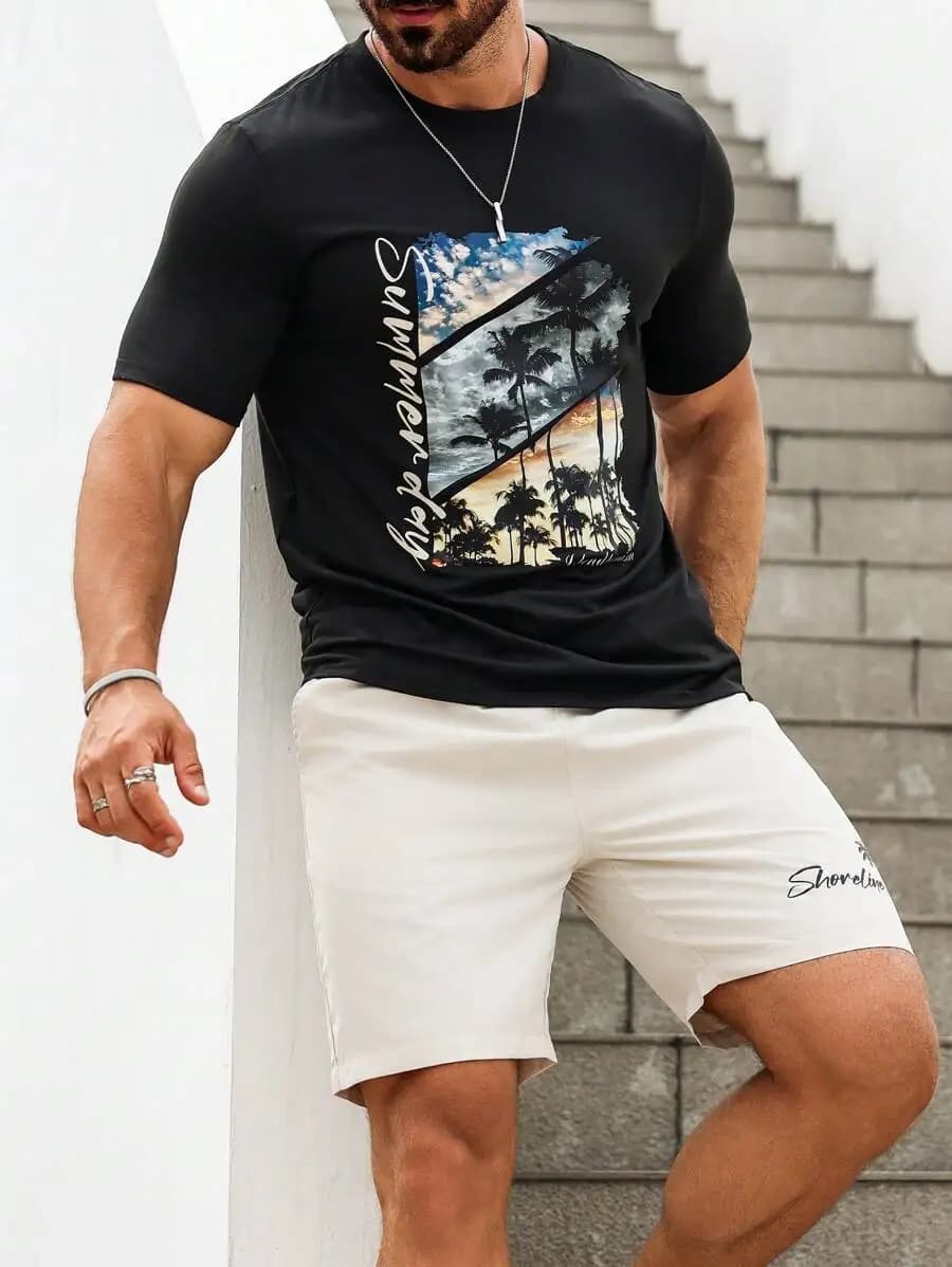 Set di t-shirt e pantaloncini da uomo con stampa grafica di palme, girocollo, maniche corte, casual estivo