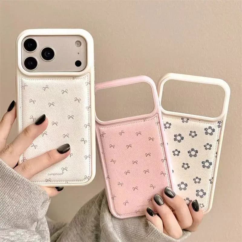 Custodia per telefono coreana con fiore a fiocco per iPhone 17 Air 16 15 14 13 12 11 Plus Pro ProMax, anti-caduta, con texture in pelle e protezione per il bordo
