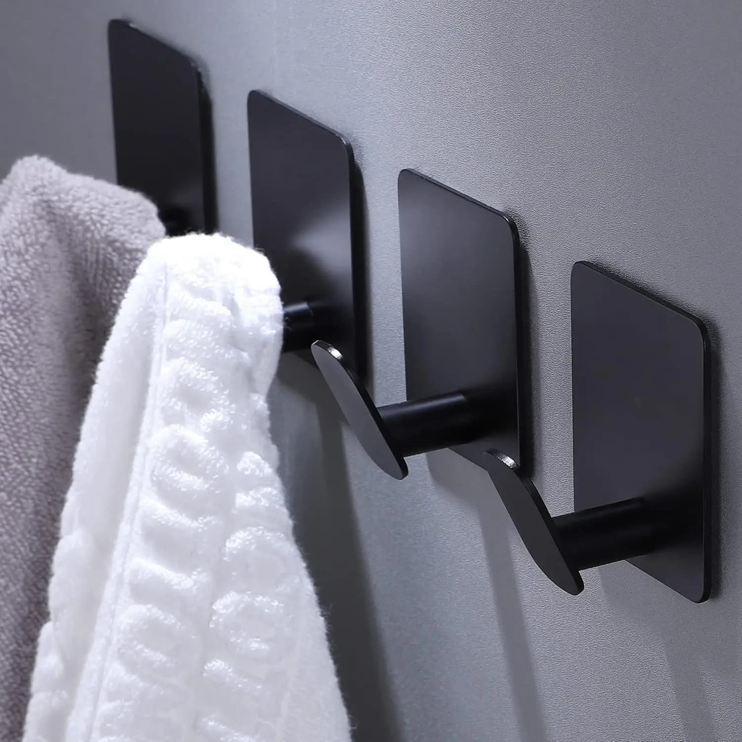 Adhesive Hooks 4 Pack - Strong Stick On Towel Hooks for Bathroom Kitchen, Stainless Steel Wall Hooks with Matte Black Finish