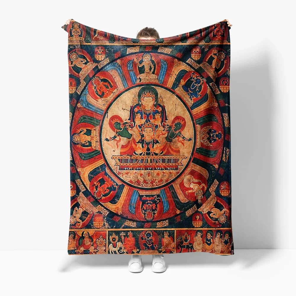 Buddhist Mandala Throw Blanket Tibetan Om Mani Padme Hum Design Spiritual Cushion Cover Meditation Blanket Home Decor