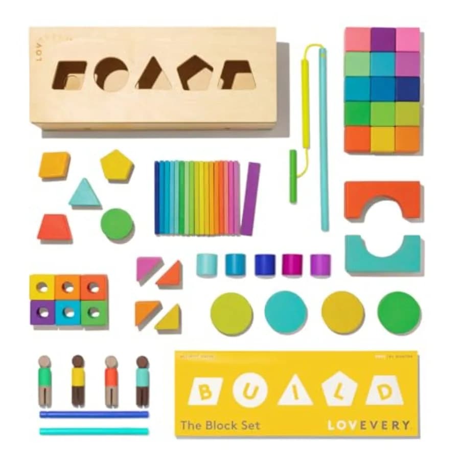 Set di blocchi per bambini per costruire e giocare: blocchi e forme in legno massello in 18 colori, include scatola portaoggetti in legno e macchinina a tirare.