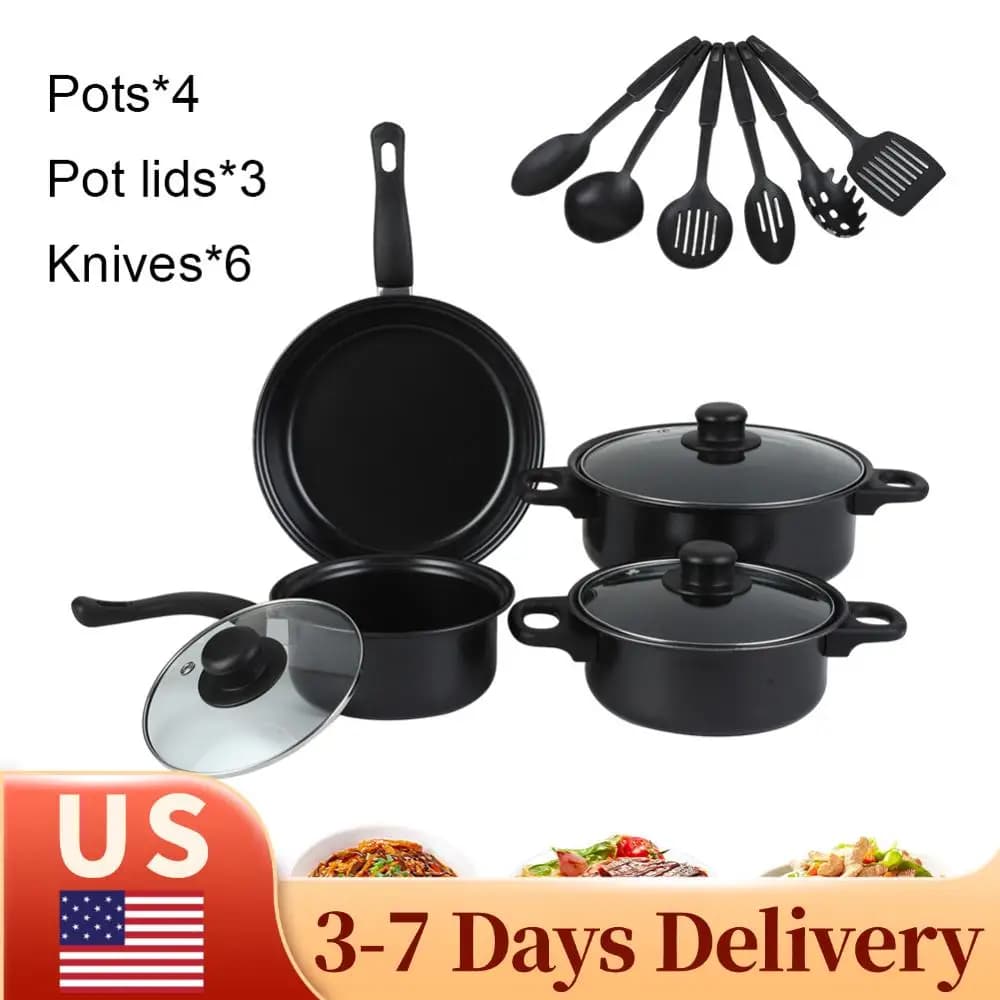 Set of 12-piece non-stick pans, deep pan with lid, milk pot, Maifan stone pan, stackable cookware set for all types of stoves
