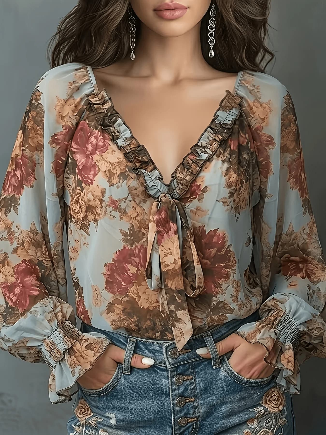 Camicetta in chiffon con stampa floreale vintage, camicia fluida casual boho da donna a maniche lunghe con scollo a V e fiocco frontale