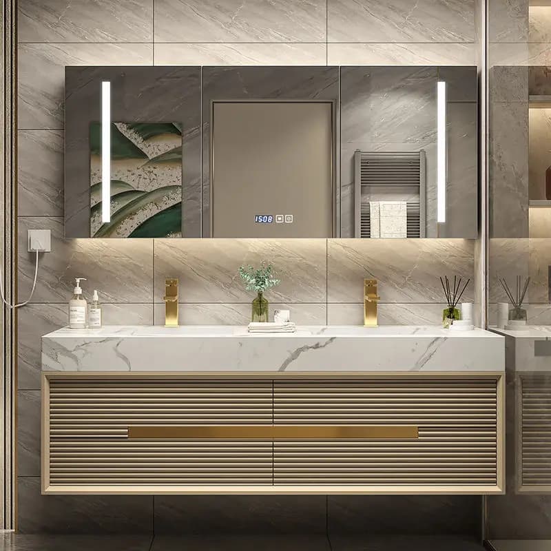 Luxury Solid Wood Floating Bathroom Vanity Cabinet Double Sink Set with Wall Hung Side Cabinet Oak Wood Milk Tea Color Vanity
