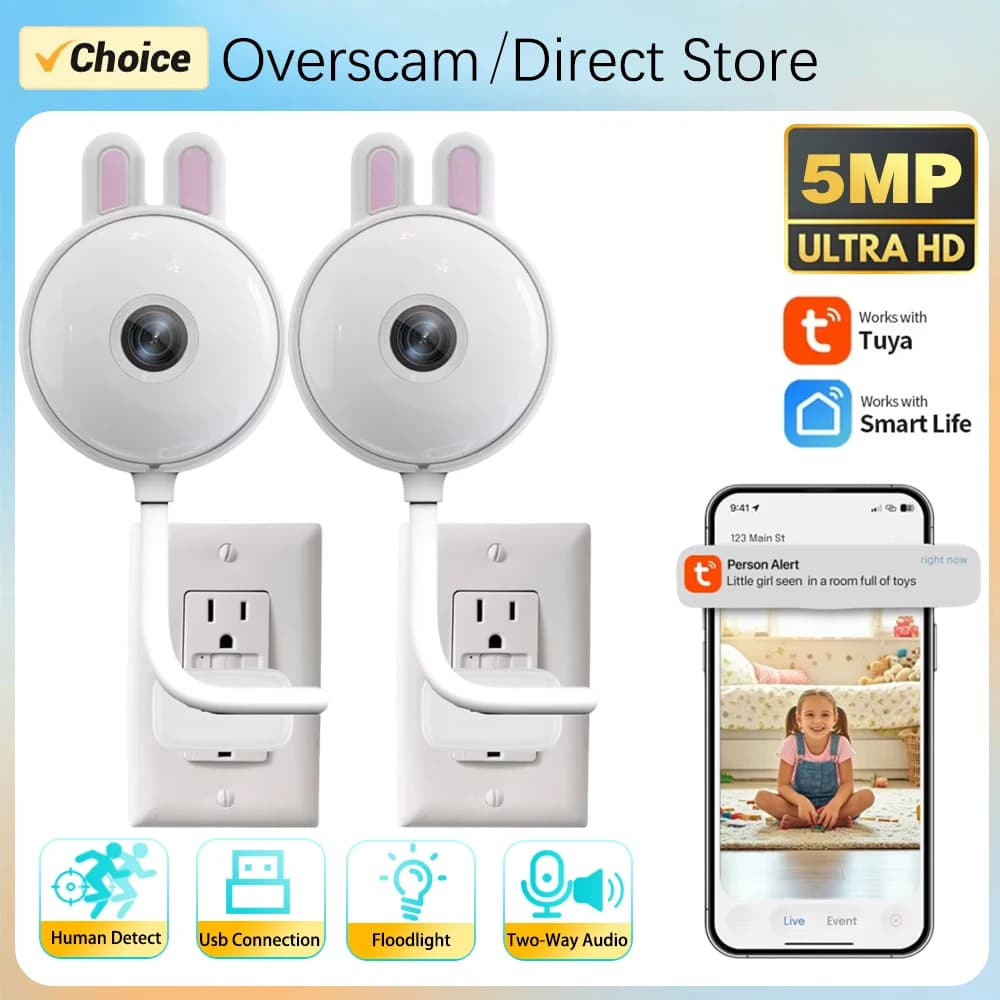 Mini Telecamera WiFi USB Tuya per Interni, Telecamera IP di Sicurezza Wireless 5MP con Visione Notturna a Colori IR, Monitor per Casa e Bambini Smart Life