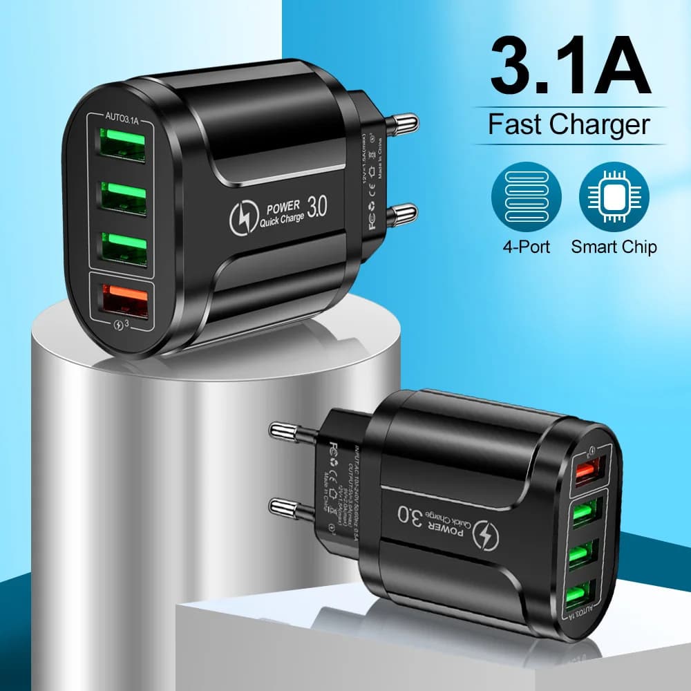 Caricatore USB Rapido 48W QC3.0 a 4 Porte con Spina EU, Adattatore da Viaggio a Ricarica Veloce 3.1A per iPhone Samsung Xiaomi, Ricarica Multi-Dispositivo