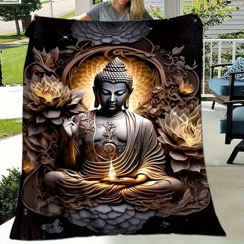 Coperta ultra morbida in flanella di Buddha, design floreale dorato vibrante, leggera e versatile per il viaggio del divano letto, regalo per la decorazione della casa Zen