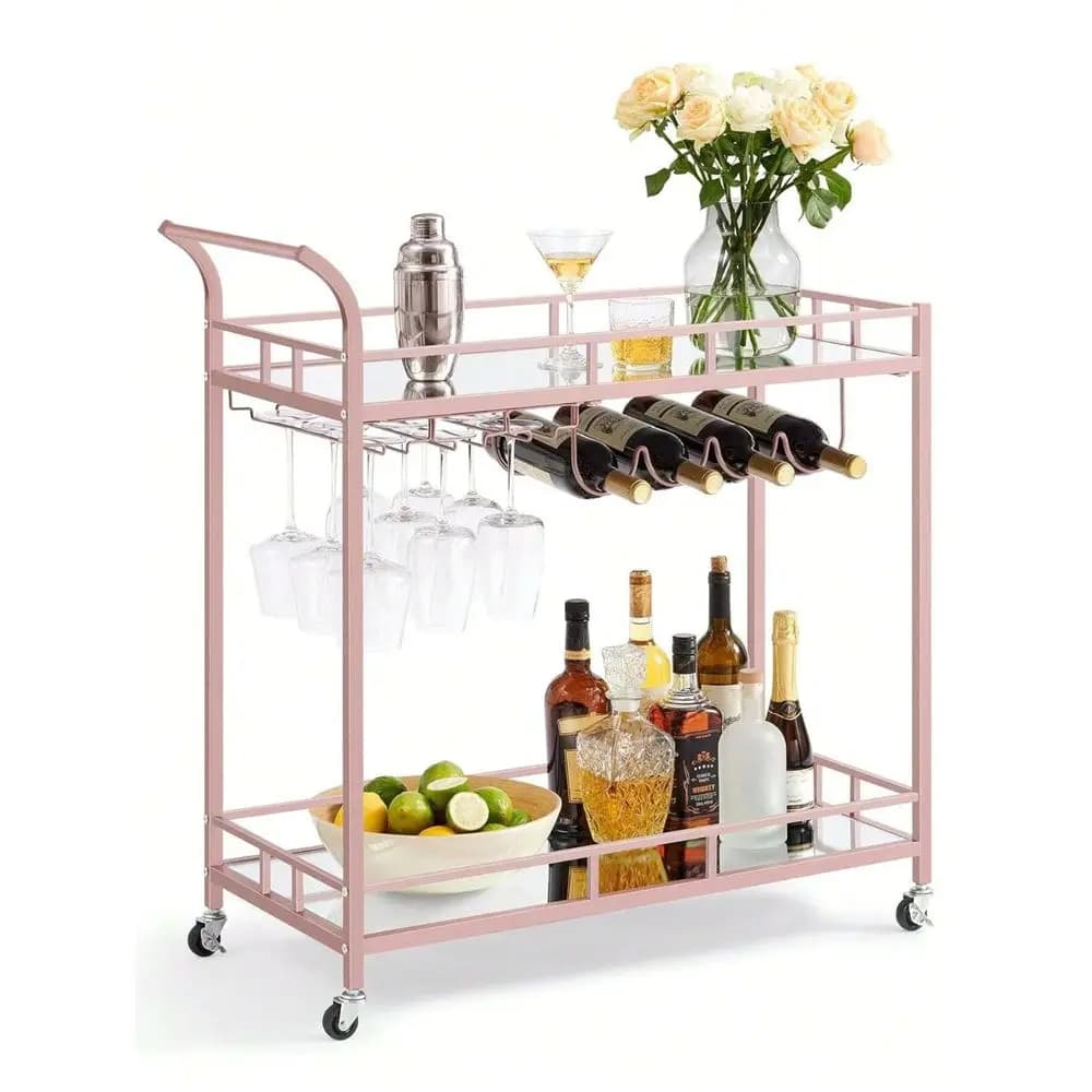 Carrello Bar Dorato, Carrello Bar per Casa, Carrello Portabottiglie con 2 Ripiani a Specchio, Portabicchieri, Porta Calici, per Cucina, Sala da Pranzo