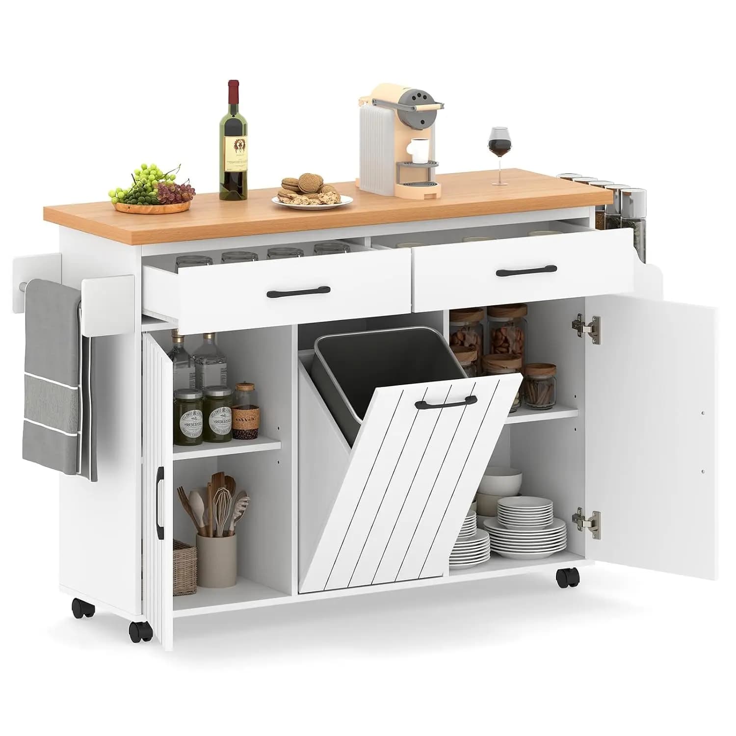Large Mobile Kitchen Island Cart Trash Storage Adjustable Shelves Drawers Spice Rack Towel Bar Dining Room Customized
