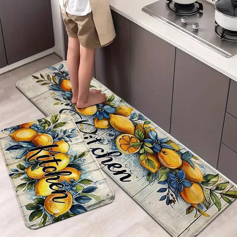 Tappeto da Cucina Mediterraneo con Limoni, Antiscivolo, Giallo con Fiori Blu, Lavabile, Decorativo, Lungo Tappeto per Corridoio e Casa