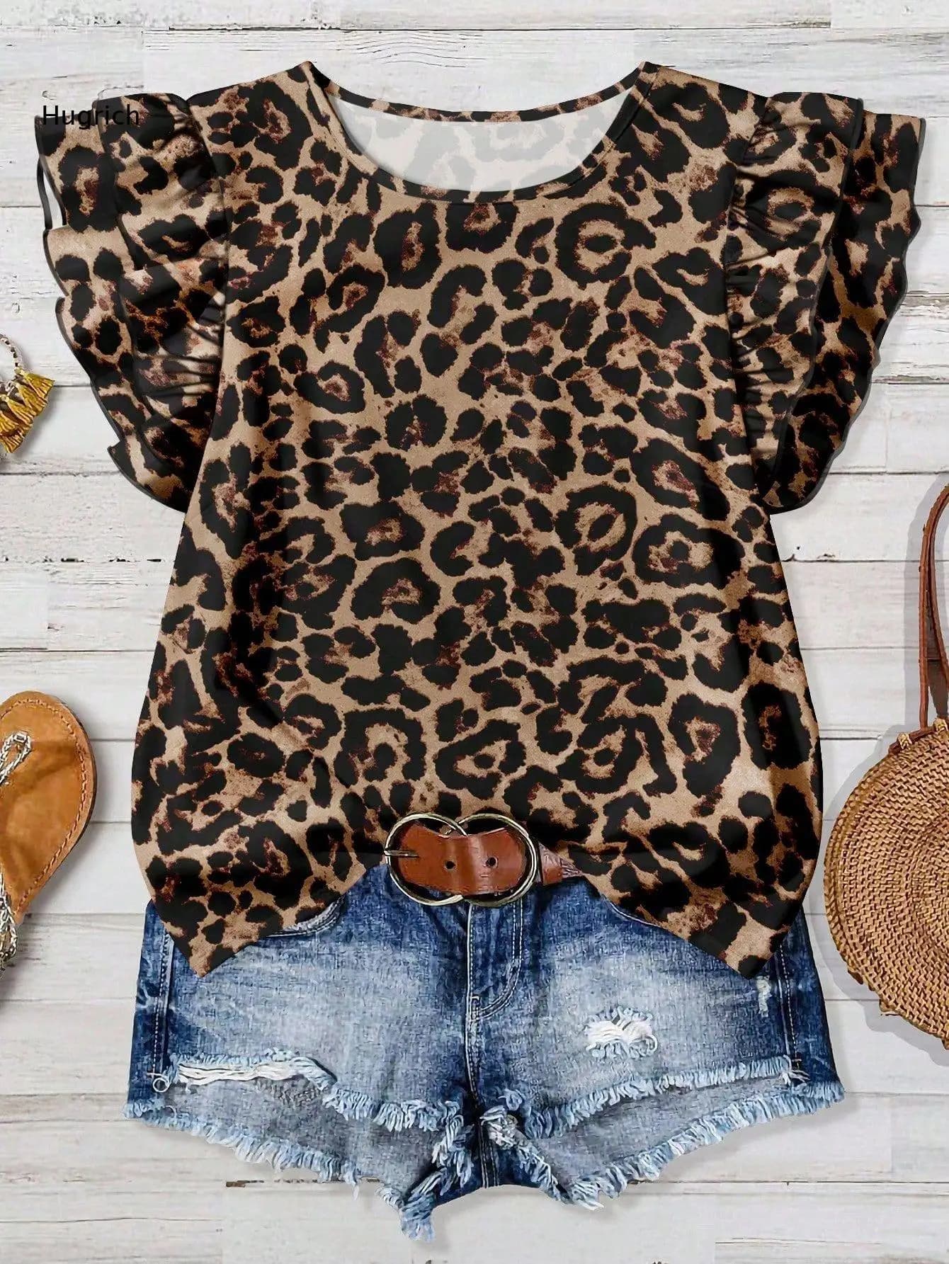 Women Leopard Floral Print Short Sleeve Blouse Ruffle Sleeve Round Neck Loose Fit Casual Top For Daily Vacation Outdoor Shopping