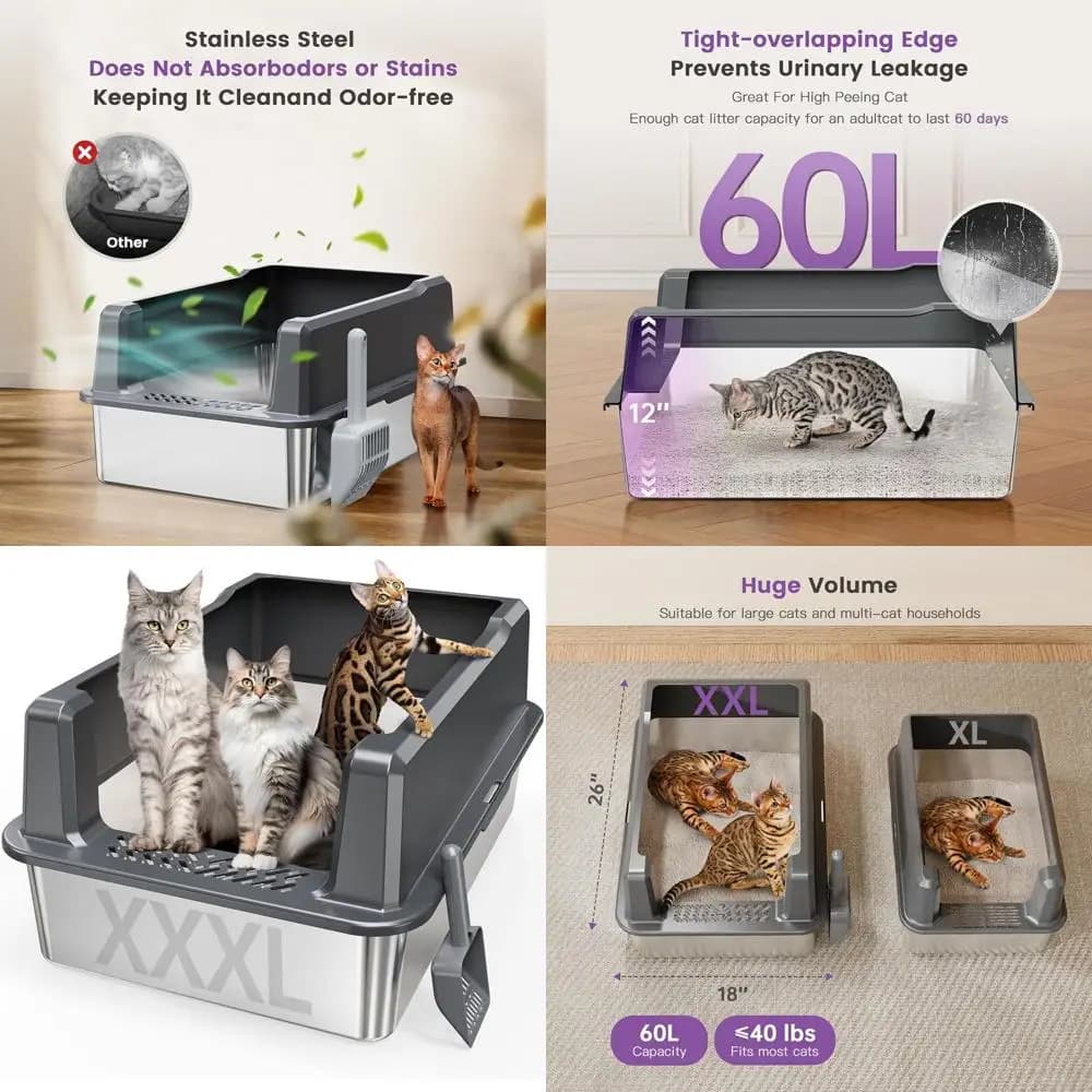 Lettiera per gatti in acciaio inossidabile di grandi dimensioni con coperchio, 26 L x 18 L x 12 A, lati alti per gatti grandi o multipli, resistente agli odori, L