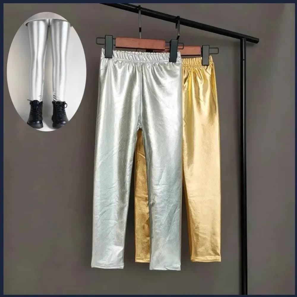 Leggings Elastici alla Moda per Bambini, Pantaloni in Finta Pelle Oro e Argento, Pantaloni a Sigaretta per Ragazzi