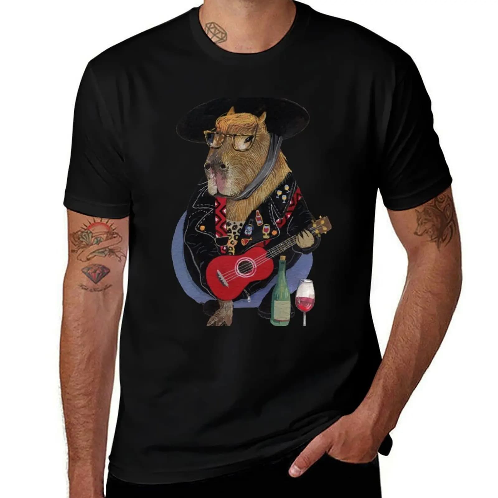 T-shirt per amanti del vino con capibara che suona il ukulele, T-shirt da lavoro casual e pratica