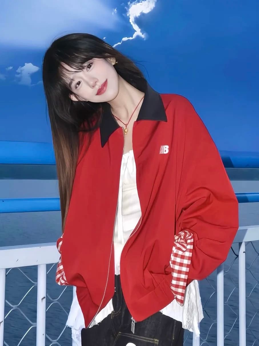 Retro American Red Harington Jacket Short Outerwear Loose Design Color Block Couple's Fashionable Top for Autumn