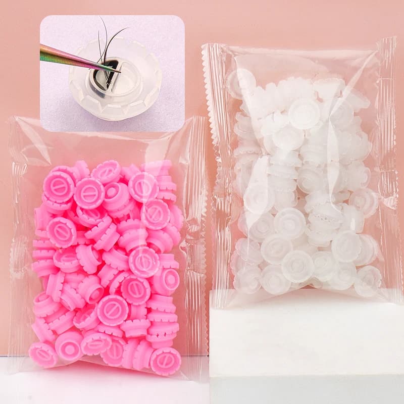 100 pz Individuale Colla per Ciglia Innesto Ciglia Finte bianco rosa Fiore Tazza Anello Estensione Ciglia Adesivo Supporto strumento
