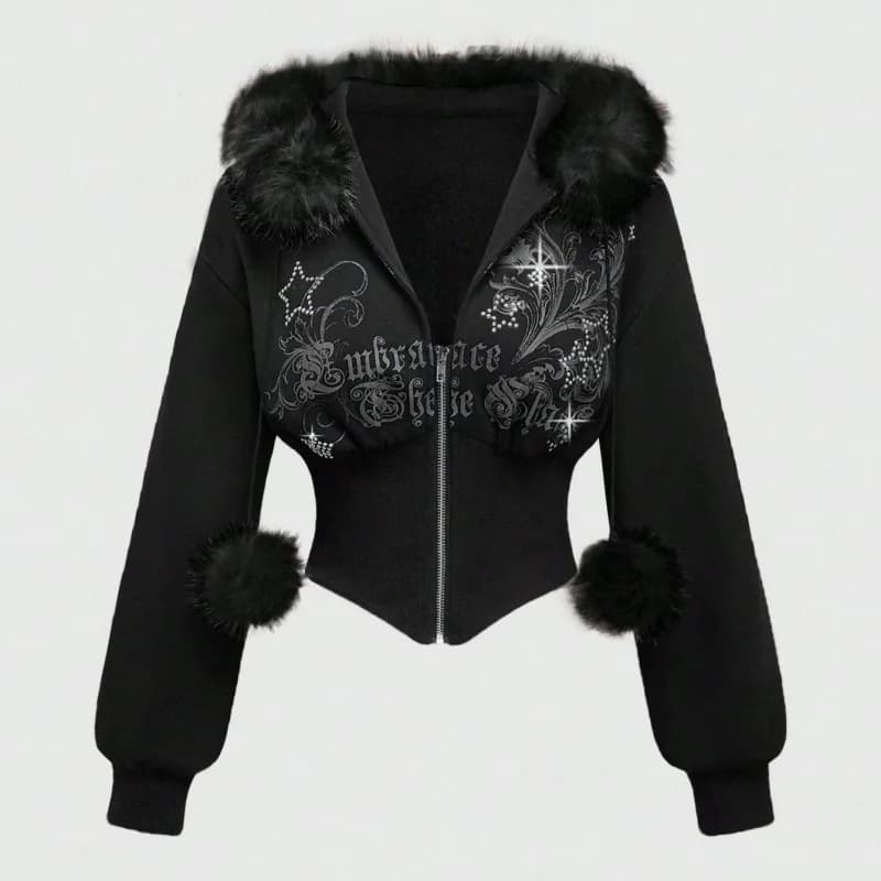 2026 American retro fur collar patchwork cardigan sweatshirt cross-border casual zipper waist slimming short jacket top