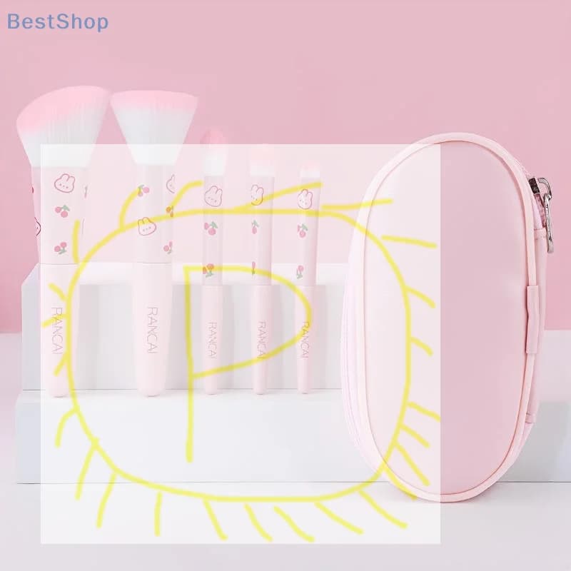 ( ● ' ◡ ' ● )%( ● ' ◡ ' ● )Set di mini pennelli per trucco rosa da 5 pezzi con borsa per il trucco, adatto per fondotinta impeccabile, fard, ombretto