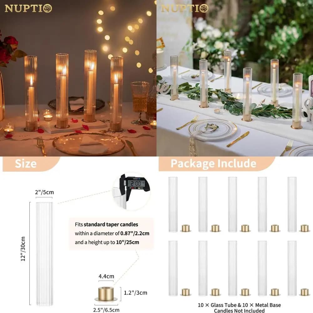 Set of 10 Golden Metal Candle Holders with Glass Cylinders - Decorations for Outdoor Wedding Tables