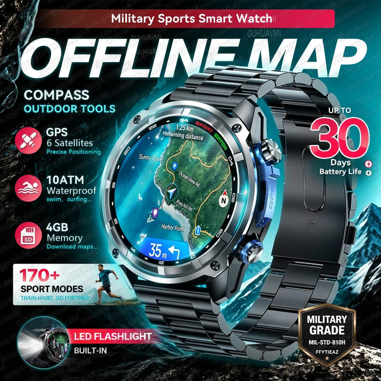 2026 New Accurate GPS Map Offline Smart Watch Men 10ATM Swim Compass Video Music APP Download HD Call Men Military Sports Watch